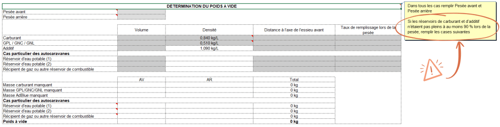 Détail du calcul du poids des réservoirs d'eau propre et usée dans un tableau de répartition des charges VASP.