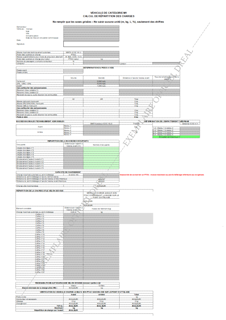 Exemple de tableau de calcul de répartition des charges et des essieux pour dossier RTI VASP DREAL.